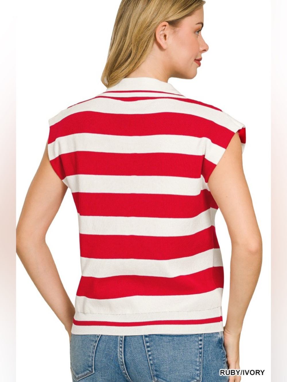 Zenana Viscose Striped Collared Sweater Vest - Picture 3 of 4